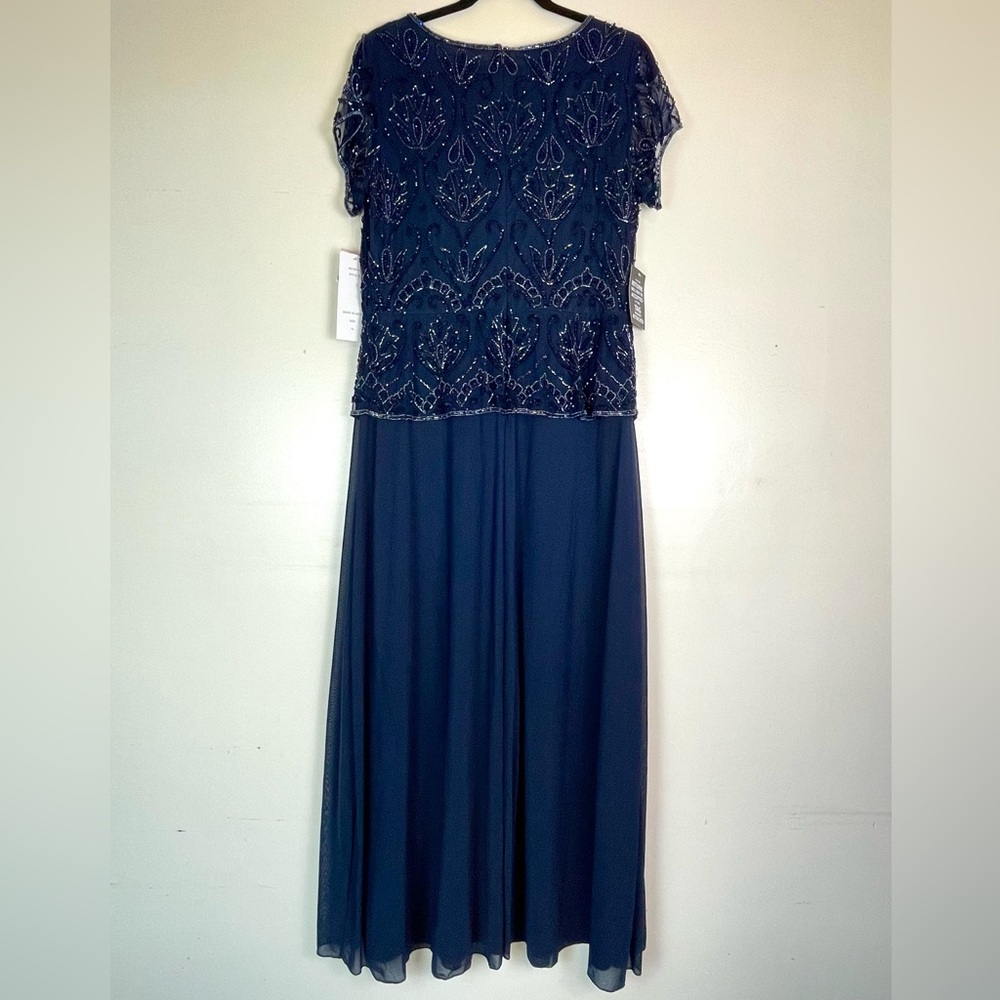 Pisarro Nights Beaded Navy Blue Gown Mesh Short sleeve.  Size 12